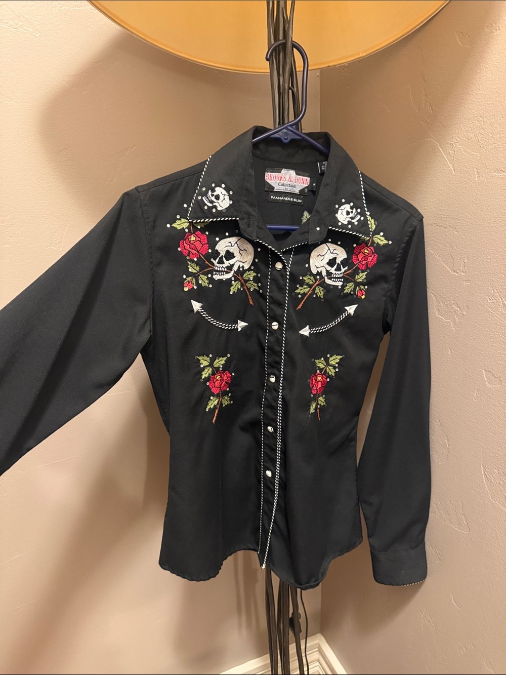 Women’s Black Western Embroidered Shirt Jacket with Skulls & Roses